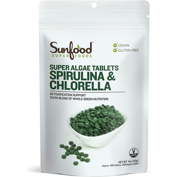 Sunfood Spirulina & Chlorella Tablets, 50/50 Blend. Cold Pressed Super Algae. Highest Quality. 100% Pure- No Additives, Fillers, Preservatives. Vegan, Gluten Free. 4 Ounces, 450 Count