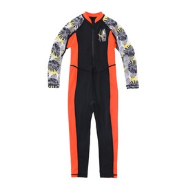 LUCKYLUAN Boys Full Body Swimsuit Color Block Bathing Suit One Piece UPF 50 Long Sleeve Rash Guard Orange Black