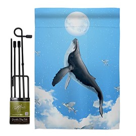 Breeze Decor Flying Whale Garden Flag Set with Stand Animals Sea Creature Nautical Ocean Fish Outdoor Summer Marine Small Decorative Gift Yard House Banner Made in USA 13 X 18.5