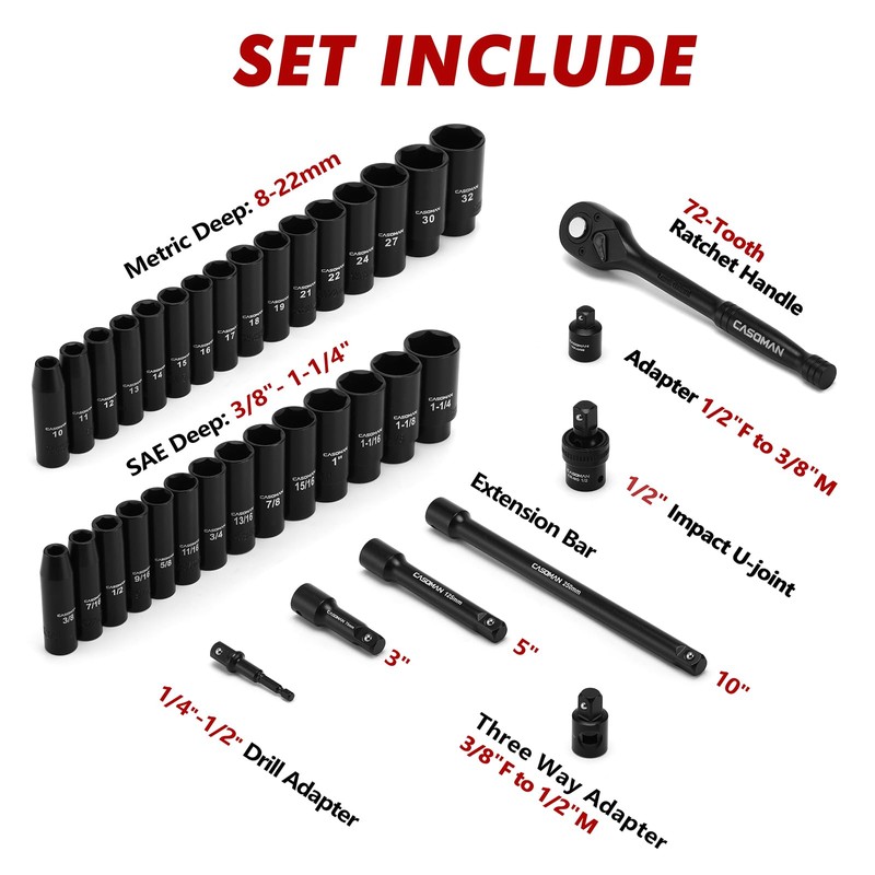 CASOMAN 1/2" Drive Master Impact Socket Set, 38 Piece Deep,