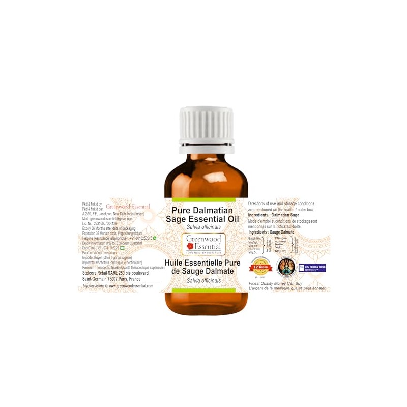 Greenwood Essential Pure Dalmatian Sage Essential Oil (Salvia officinals) Steam