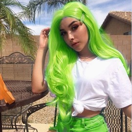 Fluorescent Green Wigs for Women Handmade Neon Green Synthetic Lace Front Wigs Long Curly Frontal Pre Plucked Hairline Real Hair Wigs Glueless Heat Resistant Makeup Cosplay Drag Queen Anime 24 Inch