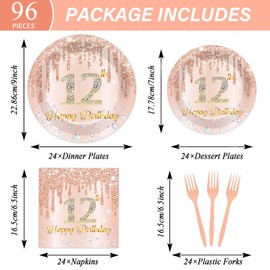 96 Pcs Rose Gold 12th Birthday Party Plates and Napkins for Girls Rose Gold Party Supplies Pink Happy 12 Years Birthday Party Tableware Set for 24 Guests Party Decorations