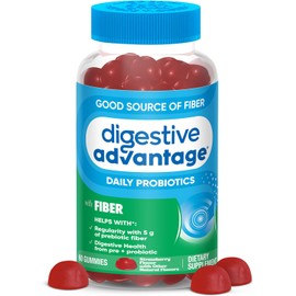 Digestive Advantage Gomitas de fibra prebiótica + probióticos para la salud digestiva, gomitas probióticas diarias para mujeres y hombres, suplemento digestivo para regularidad y salud intestinal, sabor a fresa de 60 quilates