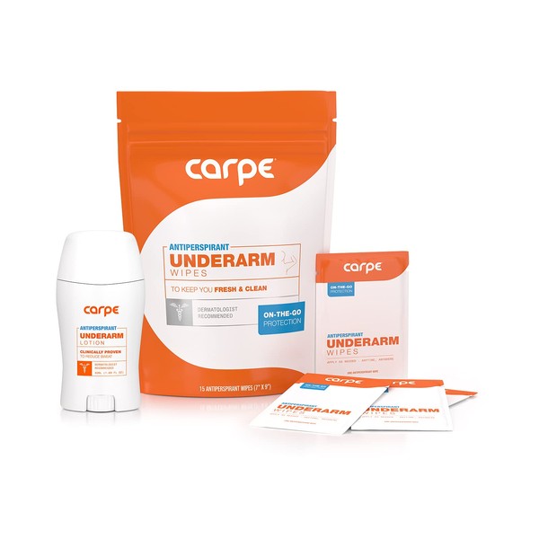 Carpe Antiperspirant Underarm and On-The-Go Wipes Package (1 Underarm Clinical Strength, 15 Individual Antiperspirant On-The-Go Wipes), Stop Excessive Sweat - Great for Hyperhidrosis