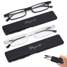 2 Pack Ultra thin Lightweight Folding Reading Glasses Women Men TR90 Blue Light Blocking Anti UV/Eyestrain Foldable Compact Computer Readers Portable Unique Stretchable Slim Flat Case Black/Clear +1.5