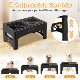 Ormalla Elevated Slow Feeder Dog Bowls, Adjustable Raised Dog Bowl with No Spill Dog Water Bowl, Non-Slip Dog Food Bowl Stand for Large Medium Small Dogs, 4 Heights 3.7", 8.5", 10.1", 11.7" Black