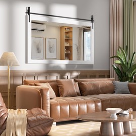 Hasipu Farmhouse Bathroom Mirror, 48"x32" Rustic Wood Framed Wall Mounted Mirror, White Vintage Vanity Mirror Barn Door Style Decrative Mirrors