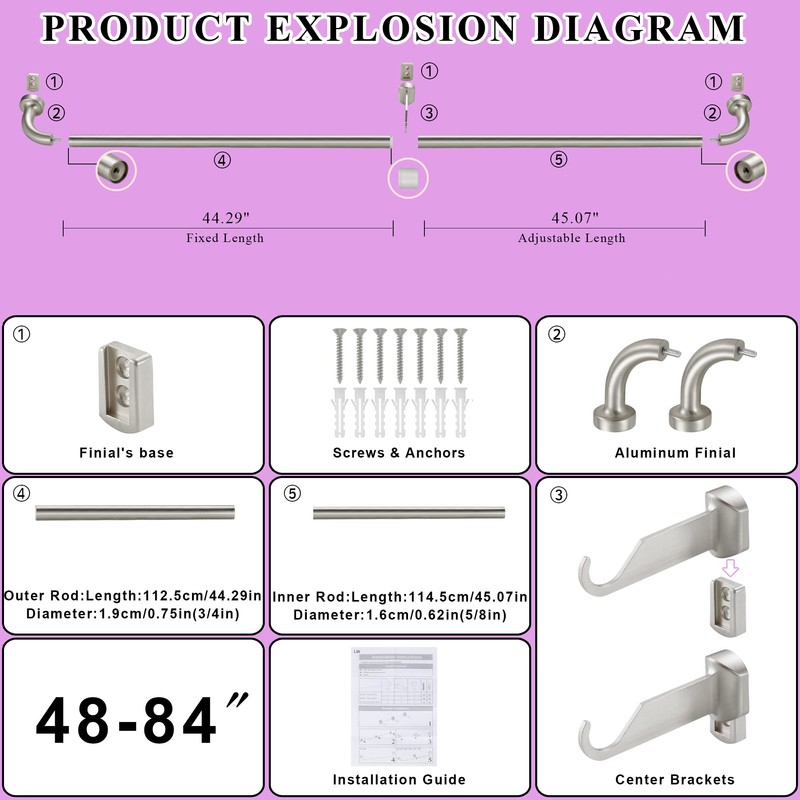 Brushed Nickel Disc Curtain Rods, 48-84 Inches Window Curtain Rod,Adjustable