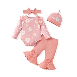 SODLON Newborn Baby Girl Clothes Infant Winter Fall Spring Outfits Cute Gifts Stuff Long Sleeve Clothing Daisy Romper Ribbed Bell Bottoms Flared Pants Outfit Sets Pink 6-9 Months