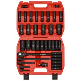 CASOMAN 1/2" Drive Master Impact Socket Set, 38 Piece Deep, Standard SAE (3/8" To 1-1/4") & Metric (10-32 mm) Sizes, Includes Extension Bar (3, 5, 10-inch), Adapters & Ratchet Handle, CR-V