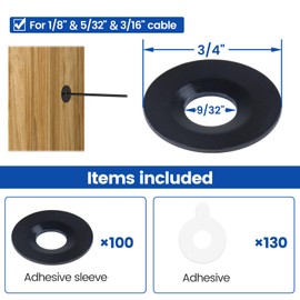Muzata 100 Pack Black Cable Railing Adhesive Sleeves for 1/8" 5/32" 3/16" Wire Rope T316 Stainless Steel Adhesive Grommet Protector Sleeves Cable Railing Hardware Kit Wood Metal Posts CR91