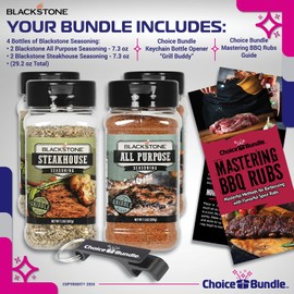 ChoiceBundle Blackstone Griddle, BBQ & Grilling Seasoning Spice Rub 4 Pack Choice Bundle (29.2 Oz) – Blackstone All Purpose, Steakhouse Savory Seasonings + BBQ Guide & Opener (6 Items)!
