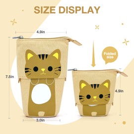 Cat Cute Standing Pencil Case for Kids, Pop Up Pencil Box Makeup Pouch, Cartoon Christmas Gift Kids Pen Holder Organizer Cosmetics Bag, Kawaii Stationary (Brown Cat)