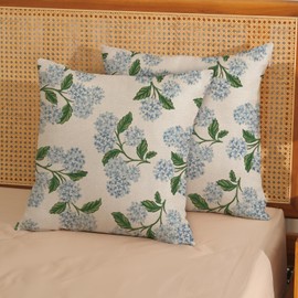 JEFERSO Blue Hydrangea Floral Pillow Covers 16x16 Set of 2 Spring Summer Floral Decorative Pillow Cases Rustic Flowers Decor Throw Pillows Holiday Outdoor Linen Farmhouse Cushion Case for Couch Sofa
