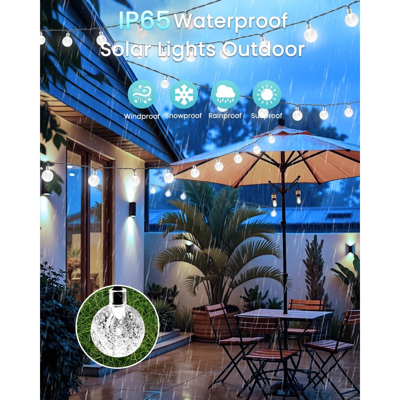 2-Pack 72FT 120 LED White Crystal Globe Solar String Lights