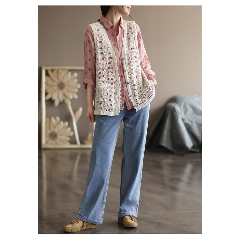 Qian qian Women's Vest, Lace Knitting, Hollow Knitting, V Neck