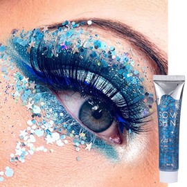 Glitter Gel for Face Body Eye Hair Nail, 18g Sparkling Blue Sequins Chunky Glitters Mermaid Holographic Liquid Eyeshadow for Festival Party Makeup Decoration