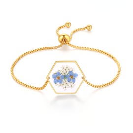 Vergissmeinnicht und Queen Annes gepresstes Wildblumen-Spitzenarmband | Gold gepresstes blumen-Harz-Armband | Vergissmeinnicht schmuck | Echte Blume Armband | Abschiedsgeschenk
