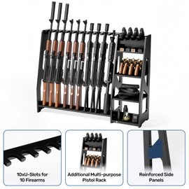 BlackSmith Indoor Gun Racks, Wooden Vertical Rifle Rack & Pistol Rack for 10 Long Guns + 8 Handguns, Adjustable Floor Standing Shotgun Rack with Felt Padded for Home Garage Gun Storage