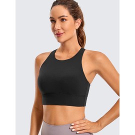 CRZ YOGA Womens Butterluxe Strappy High Neck Longline Sports Bra - Padded Criss Cross Back Workout Sports Bras Crop Tank Top Black X-Small
