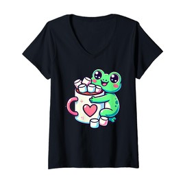 Womens Kawaii Frog Hot Chocolate Marshmallow V-Neck T-Shirt