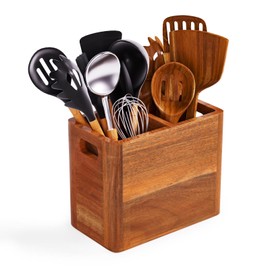 VIDUTC Utensil Holder for Kitchen Counter - 2 Compartment Utensil Holder for Kitchen Counter or Wall, Farmhouse Wooden Spoon Organizer for Storage Spoons, Spatulas, Acacia Rustic Container