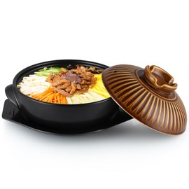 Sanbege Large Korean Ceramic Bowl with Lid and Trivet, 54 oz Sizzling Hot Pot with Double Handles for Cooking and Serving Dolsot Bibimbap, Soup, Rice, Stew, Casserole, Noodle (Retro Copper)