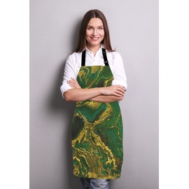 Lefolen Watercolor Gold Marble Abstract Mineral Green Golden Waves Pattern Adjustable Bib Apron Kitchen Cooking Baking Gardening Apron for Women Men