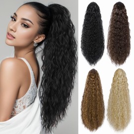 Luxiremi Drawstring Ponytail Extension Curly Wavy Long 22 Inch Synthetic Pony Tail Clip in Hairpieces Afro Curly Corn Wave Ponytail for Women Natural Black