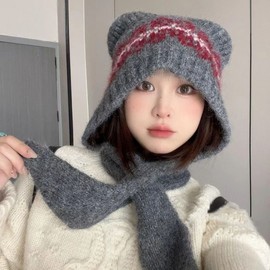 Women's Balaclava Hooded Scarf Hat and Neck Warmer for Winter lf3087 One Size / One Size Integrated Bear Scarf [Wine] 4ea