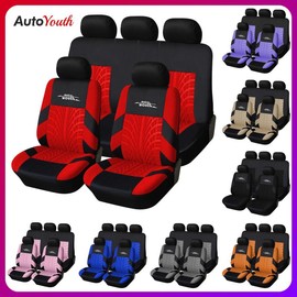 Car Seat Covers for 5 Seats Universal, Fabric Breathable Car Front & Rear Seat Protectors, with Tire Track Details, Airbag Compatible, Full Protection, Fits Most Cars Trucks Vans SUVs, Red Vehicle Seat Covers, Truck Accessories, Car Interior Accessories:_BLUE- Front