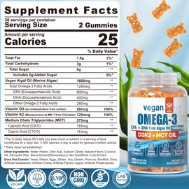 Vegan Omega 3 Gummies 1280mg + Vitamin D3 K2 (MK7), Omega 3 Fish Oil Alternative for Adults, w/Algae EPA 600mg & DHA 400mg, MCT Oil - No Fish Taste - for Brain, Eye, Immune Health, Sugar Free, 2 Pack