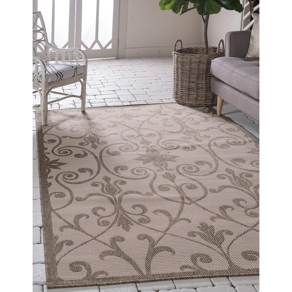 Unique Loom Botanical Collection Ornate, Floral, Border, Victorian, Indoor and Outdoor Area Rug, 7 x 10 ft, Brown/Beige