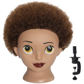 TKIMHEQ Afro Mannequin Head with 6 Inch Synthetic Hair Training Head Manikin Cosmetology Doll Head for Hairdresser Practice Braiding Styling with Clamp Stand Cute Face Big Eyes Brown Hair