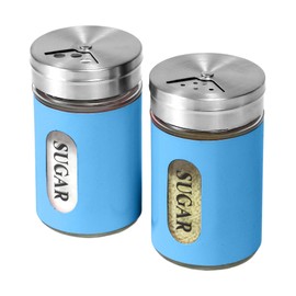 STJKBDFC Sugar Shaker Duster Stainless Steel and Glass Set with Adjustable Pour Holes Cinnamon Shaker For Coffee Bar,set of 2 (Blue)