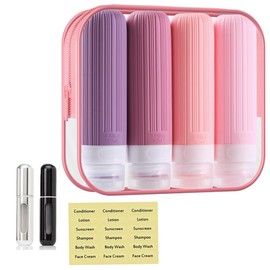 AZULDIMEN Conjunto 4 Botellas de viaje para artículos tocador De Silicona, Kit Viaje Aprobado por TSA, Sin BPA y a Prueba de Fugas, Accesorios De Viaje Recargables (Rosa)