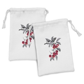Ambesonne Rowan Fabric Pouch Set of 2, Branch of Rowan with Fruit in Watercolor Mountain Wild Nature Foliage Artwork, Small Drawstring Bag for Toiletries Masks and Favors, 9" x 6", Grey Red Black