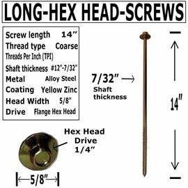 BRAUNY BOY - #12 x 14”- Extra Long Structural Lag Heavy Duty Construction Wood Screw – Yellow Zinc Corrosion Resistant Coating Exterior Timber, Landscape - Easy HEX HEAD DRIVE – Flange Head 14 in (40)