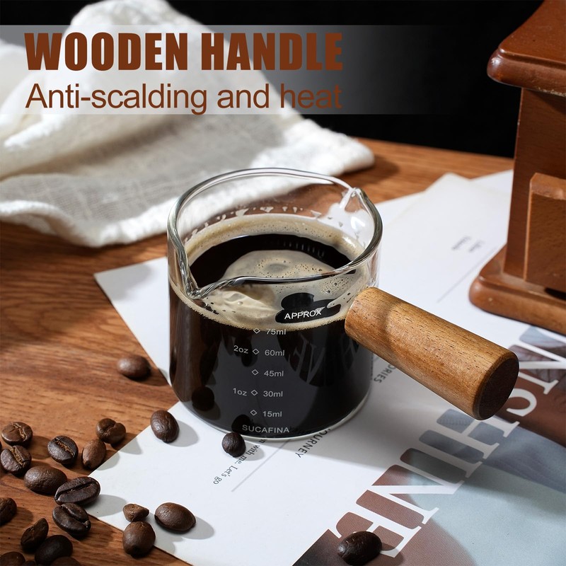 2 Pack Espresso Cups with Wood Handle, 75ML Double Spout