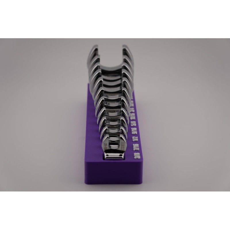 3/8 Inch Drive SAE Crowfoot Wrench Organizer Bin/Rack (Purple w/White