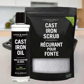 Caron Doucet - Cast Iron Care Seasoning Bundle - Cast Iron Oil & Cast Iron Scrub - 100% Plant Based Formulation - Helps Maintain Seasoning on All Cast Iron Cookware. (8 fl oz & 1lb)
