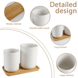 Yomjarl 2 Pack Utensil Holder,Ceramic Utensil Caddy for Kitchen Counter with Bamboo Tray,Kitchen Countertop Essentials Decor Cooking Cutlery Flatware Holder Organizer for Spoons, Knives and Forks