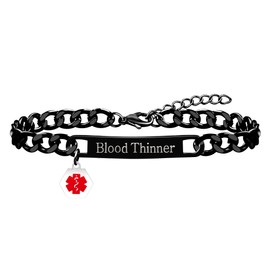 Uloveido Medical ID Bracelet | Black Plated Blood Thinner Bracelets | Allergy Medical Alert Jewelry for Men Women | Waterproof Stainless Steel Cuban Chain Wristband with Engraving YA5169