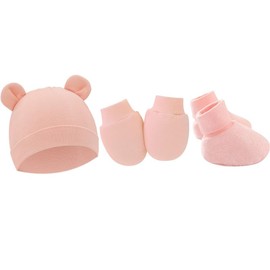 Lokorus Newborn Beanie Hats Mittens Foot Cover Set Autumn/Winter Newborn Cotton Baby Caps Gloves Foot Covers Set for Unisex Infants Pink
