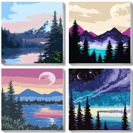 Paint by Numbers Kits, Paint by Number for Adults Canvas with Frame, Easy DIY Acrylic Paint by Numbers, 4 Pack Moon Mountain Lake Landscape Oil Painting for Kids & Adults Beginners (8x8 Inch)