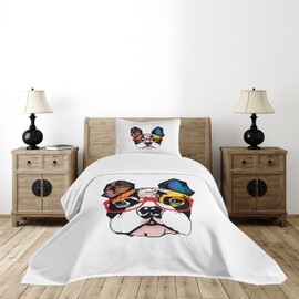 Lunarable Art Bedspread, French Bulldog Portrait Hipster Glasses Abstract Modern Colorful Ears and Eyes, Decorative Quilted 2 Piece Coverlet Set with Pillow Sham, Twin Size, Yellow Ruby
