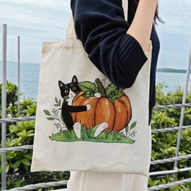 Dlzdn Fall Cat Pumpkin Canvas Tote Bag For Women Aesthetic Shopping Grocery Bag Beach Bag Gifts for Women Teacher Bag Reusable Grocery Bag Thanksgiving Day Gift