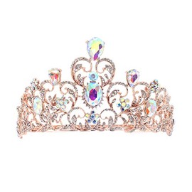 Weddingtopia Crystal Rose Gold Wedding Tiara And Matching Rhinestone Wedding Necklace Set Rhinestone Bridal Tiara Crown with side combs Wedding Hairband Comb Pin (ROSE GOLD AB)