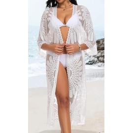 CHICGAL Womens Swimsuit Coverup Lace Bathing Suit Cover Up Beach Kimonos Long Cardigan Open Front Swimwear (White,One Size)